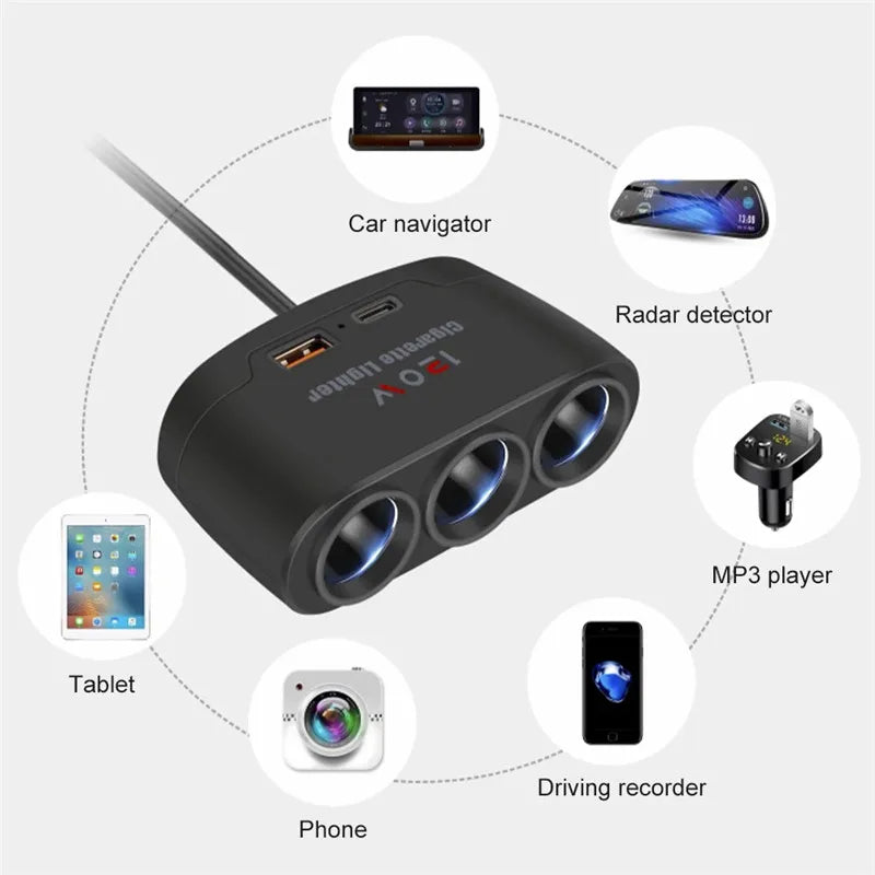 Rozdzielacz zapalniczki 3w1 — 120W, USB-C — zdjęcie 3