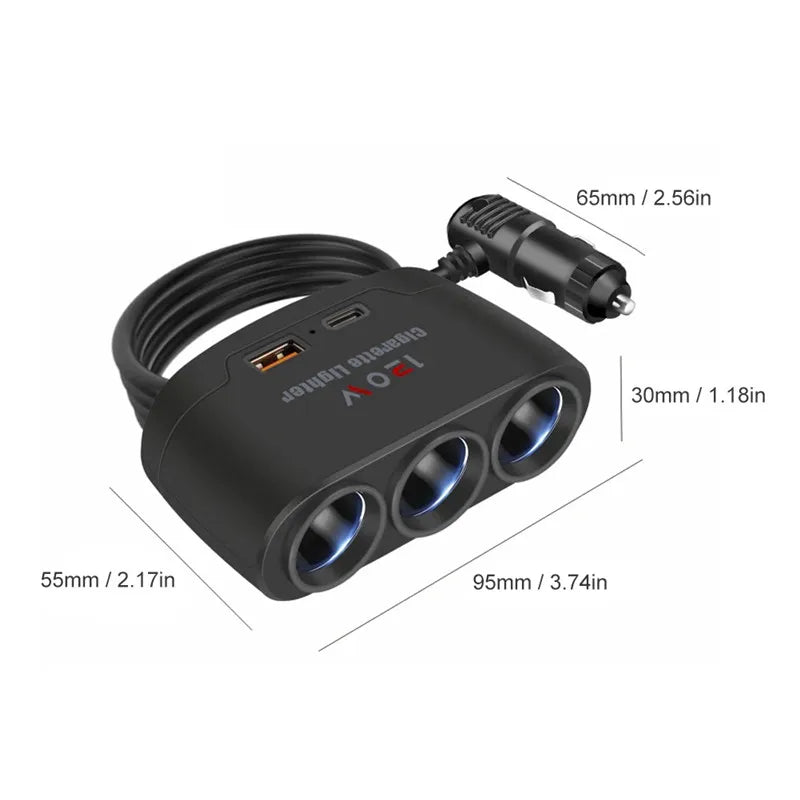 Rozdzielacz zapalniczki 3w1 — 120W, USB-C — zdjęcie 11