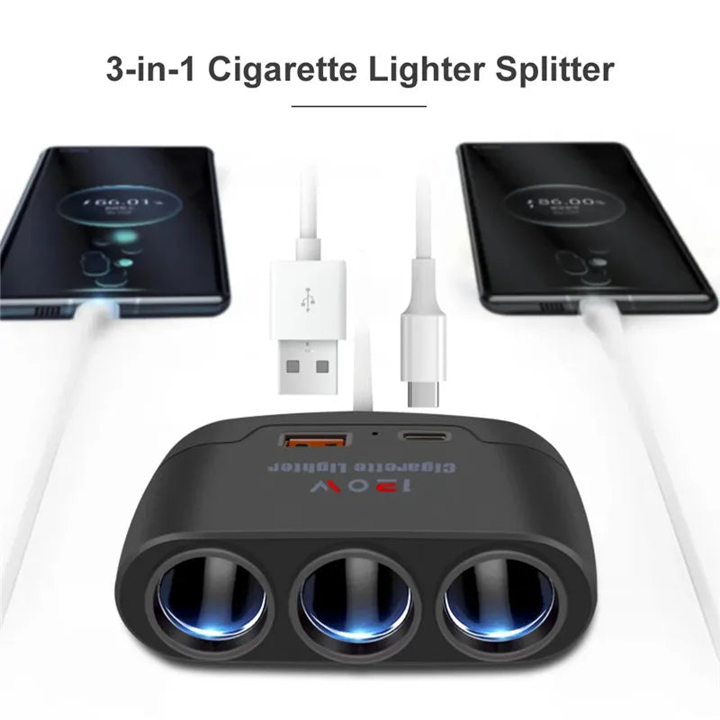 Rozdzielacz zapalniczki 3w1 — 120W, USB-C — zdjęcie 2
