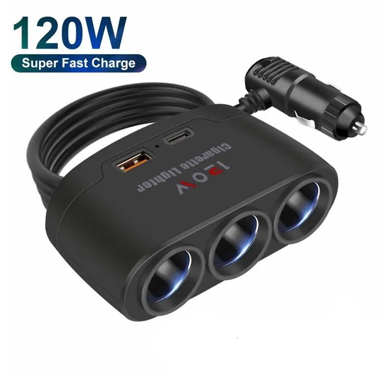 Rozdzielacz zapalniczki 3w1 — 120W, USB-C — zdjęcie 1