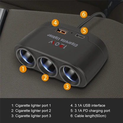 Rozdzielacz zapalniczki 3w1 — 120W, USB-C — zdjęcie 6