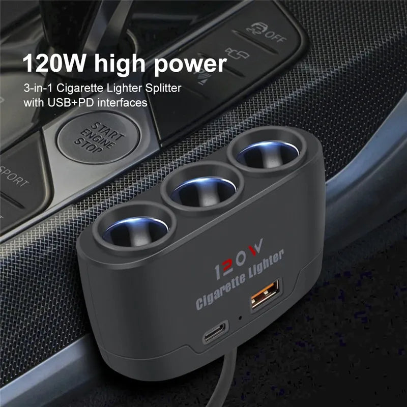 Rozdzielacz zapalniczki 3w1 — 120W, USB-C — zdjęcie 8