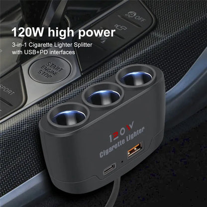 Rozdzielacz zapalniczki 3w1 — 120W, USB-C — zdjęcie 8